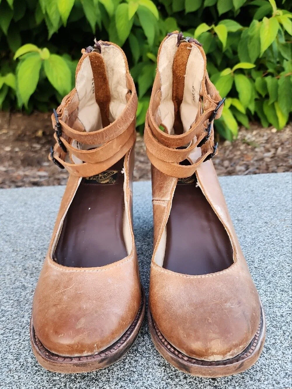 Freebird By Steven Randi Tan  Leather Block Closed Toe Pumps Triple Ankle Straps